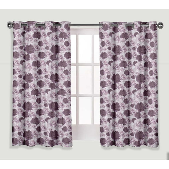 S4Sassy Cotton Duck Grandiflora Roses Purple Floral Short Drapes Curtain Window Treatment Panel Set For Living Room- 54X63 Inches