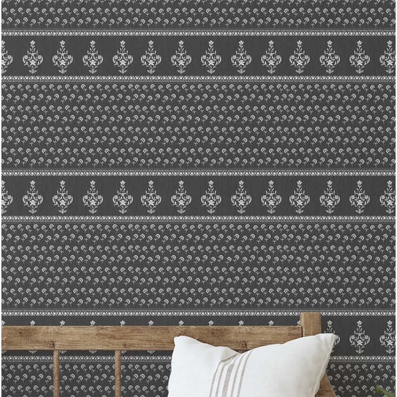 S4Sassy Dabu Stripe Floral Wallpaper - Asian Style Wall Covering, 25" x 360" Self-Adhesive Wallpaper, Decorative Wall Wrap, Easy DIY Decor For Bedroom, Living Room, Living Spaces - Gray