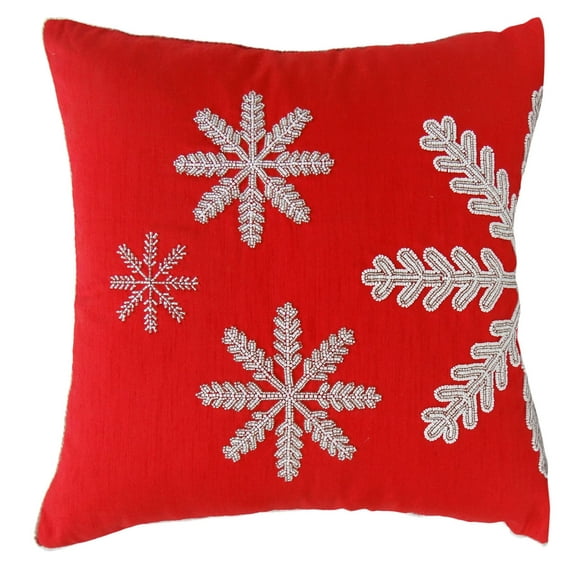 S4Sassy Decorative Hand Beaded Snow Flake Cushion Cover Red Christmas Pillowcase Square Throw 12 x 12