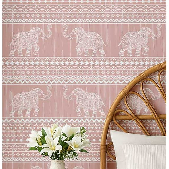 S4Sassy Elephant Tribal Wallpaper - Asian Style Wall Covering, 25" X 60" Self-Adhesive Vinyl Walls Paper, Decorative Wallwrap, Easy Diy Walls Covering For Bedroom, Living Room, Living Spaces - Pink