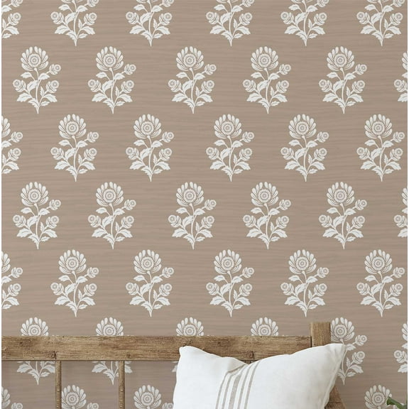 S4Sassy Ethnic Floral Wallpaper - Asian Style Wall Covering, 25" x 60" Self-Adhesive Wallpaper, Decorative Wall Wrap, Easy DIY Decor For Bedroom, Living Room, Living Spaces - Beige