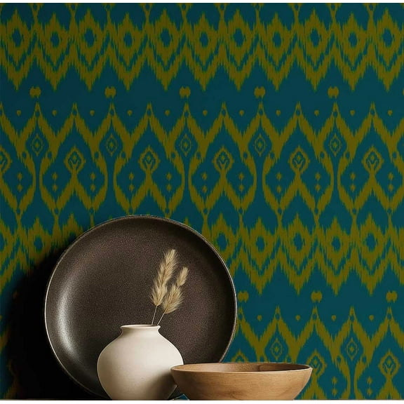 S4Sassy Ethnic Ikat Wallpaper- Blue Asian Style Wall Covering, 25" x 120" Self-Adhesive Textured Vinyl Walls Paper, Decorative Wall Wrap, DIY Walls Covering For Bedroom, Living Room, Living Space