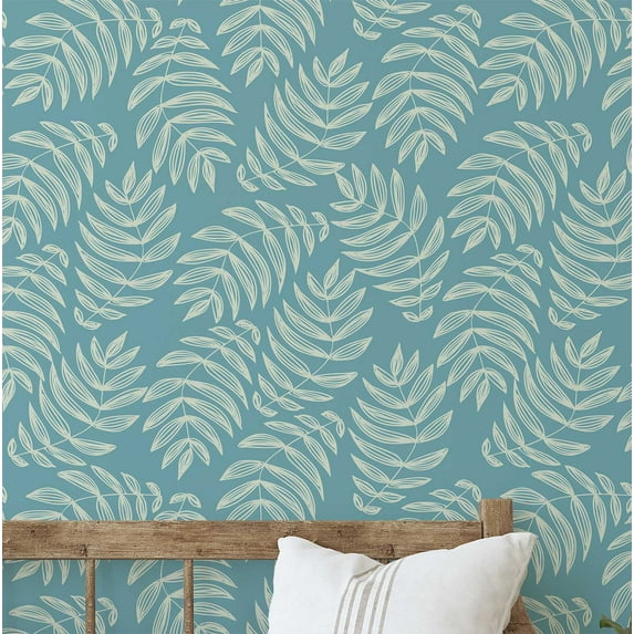 S4Sassy Fern Leaf Wallpaper - Blue Wall Covering, 25" x 120" Self-Adhesive Textured Vinyl Wall Paper, Decorative Walls Wrap, Easy DIY Walls Covering For Bedroom, Living Room, Living Space