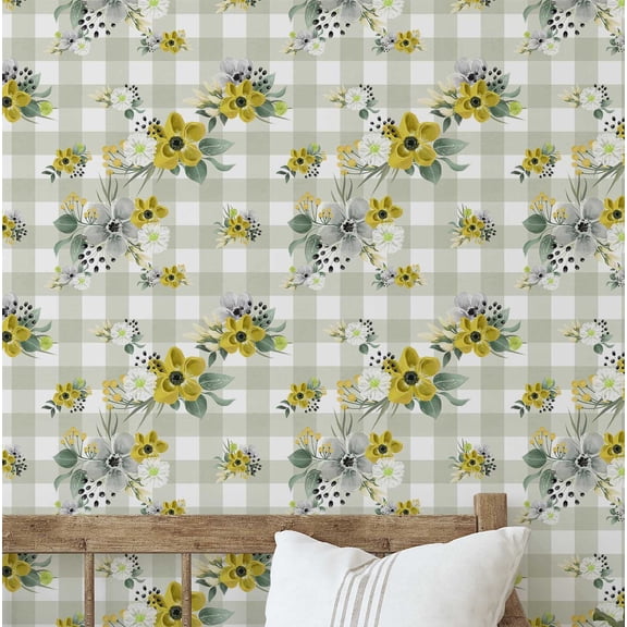 S4Sassy Floral Plaid Wallpaper - Yellow Wall Covering, 25" X 120" Self-Adhesive Textured Vinyl Wallpaper, Wallwrap, Easy Diy Wall Covering For Farmhouse Bedroom, Living Room, Cabinets, Living Spaces