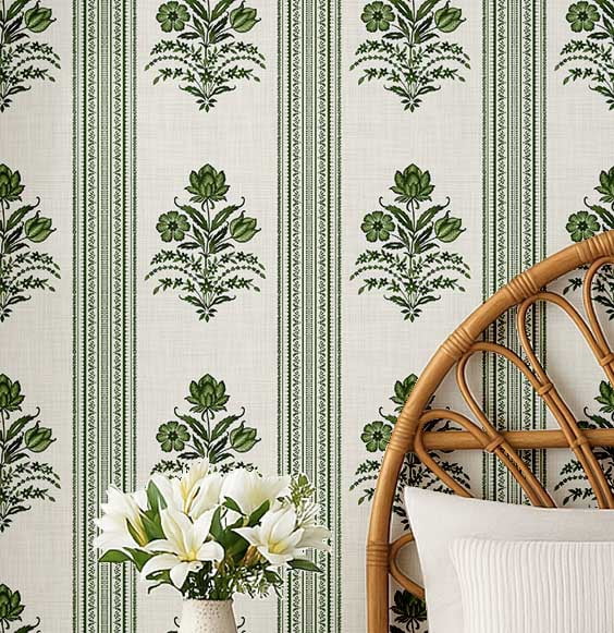 Picture of S4Sassy Floral Striped Wallpaper - Green Wall Covering, 25