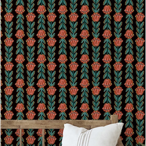 S4Sassy Floral Stripes Wallpaper - Red Walls Covering, 25" x 60" Self-Adhesive Vinyl Wall Paper, Wallwrap, Easy DIY Walls Covering For Boho aesthetic wall decor, Living Room, Living Spaces