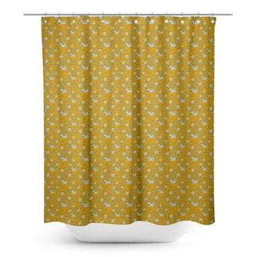 S4Sassy Gold Anemone & Leaves Printed Bathroom Curtain Waterproof Shower Drapes-60 x 70 Inch