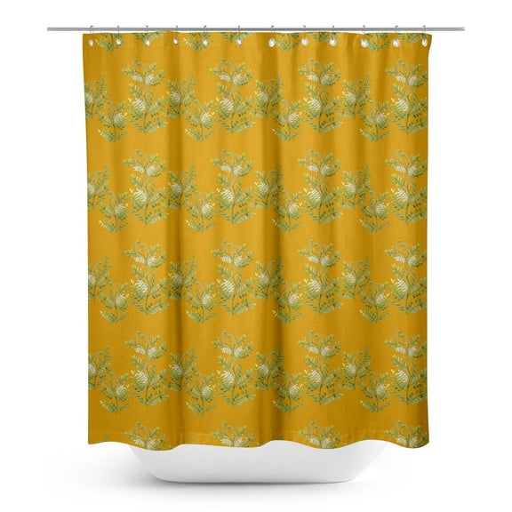 S4Sassy Gold Mimosa Pudica Leaves Decorative Waterproof Printed Shower Curtain Roller Hooks Drapes-60 x 70 Inch
