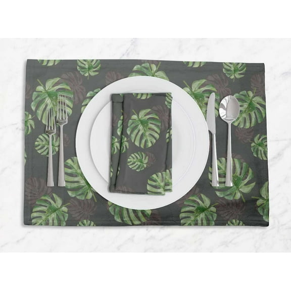S4Sassy Gray Monstera Leaves Everyday Washable Placemats With Napkins Dining Table Decor