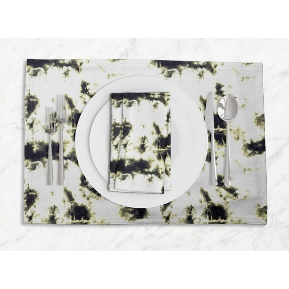 S4Sassy Green Abstract Tie-Dye Printed Dining Room Reversible Tablemats With Napkins set
