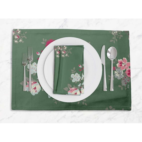 S4Sassy Green Leaves & Begonia Floral Printed Dining Room Reversible Tablemats With Napkins set