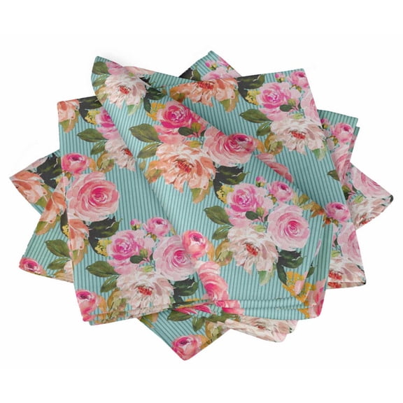 S4Sassy Green Stripe & Ranunculus Floral Holiday Parties Cloth Table Linen Re-Usable Dinner Napkins Set 18 x 18"(Pack of 6)