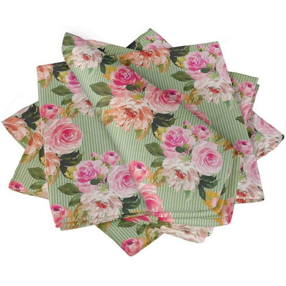 S4Sassy Green Stripe & Ranunculus Floral Holiday Parties Cloth Table Linen Re-Usable Dinner Napkins Set 20 x 20"(Pack of 6)