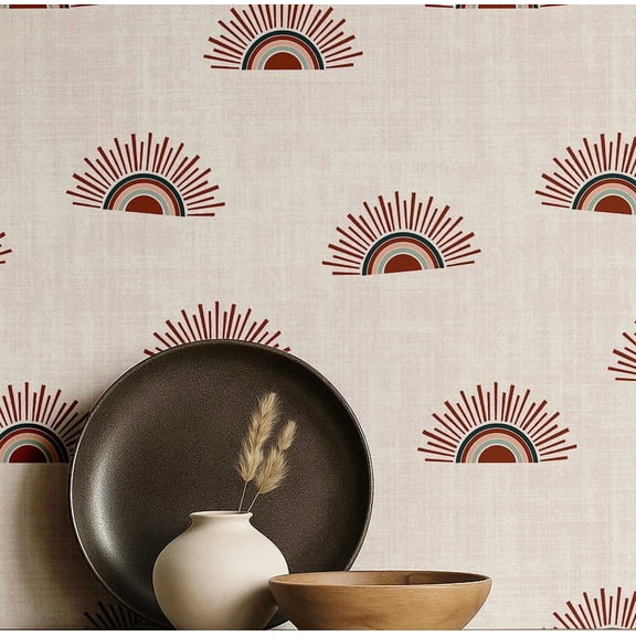 S4Sassy Half Rainbow Burst Wallpaper- Red Bohemian Wall Covering, 25" x 60" Self-Adhesive Textured Vinyl Walls Paper, Decorative Wall Wrap, Easy DIY Walls Covering For Bedroom, Living Spaces