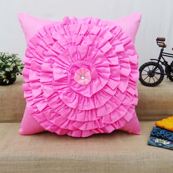 S4Sassy Handcrafted Decorative Pink Ruffled Cushion Cover Floral Pillowcase Square Throw 16 x 16