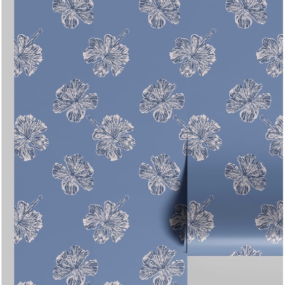 S4Sassy Hibiscus Flower Wallpaper - Blue Wall Covering, 25" x 240" Self-Adhesive Vinyl Wall Paper, Decorative Walls Wrap, Easy DIY Walls Covering For Bedroom, Living Room, Living Space