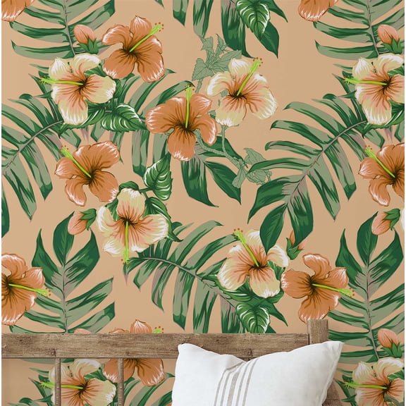 S4Sassy Hibiscus Wallpaper - Orange Wall Covering, 25" X 120" Self-Adhesive Plain Vinyl Wallpaper, Decorative Wallwrap, Easy Diy Wall Covering For Bedroom, Living Room, Living Space