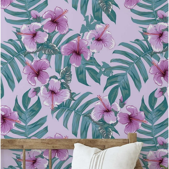 S4Sassy Hibiscus Wallpaper - Purple Wall Covering, 25" X 60" Self-Adhesive Plain Vinyl Wallpaper, Decorative Wallwrap, Easy Diy Wall Covering For Bedroom, Living Room, Living Space