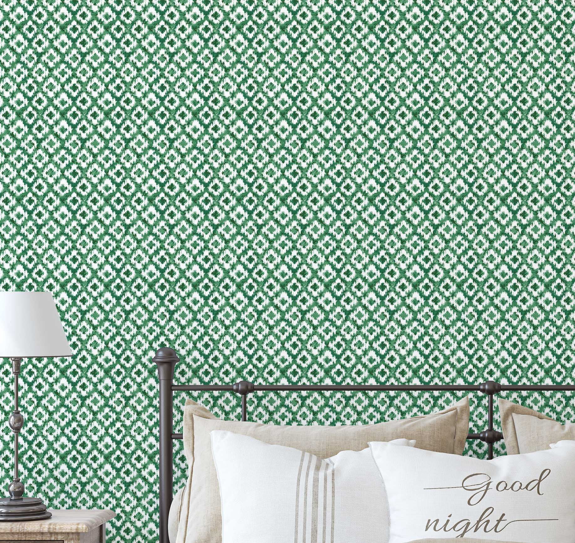 Image showcasing S4Sassy Ikat Diamond Print Wallpaper - Green Wall Covering, 25