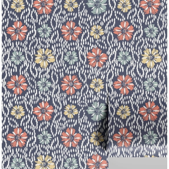 S4Sassy Ikat Floral Print Wallpaper - Asian Style Wall Covering, 25" x 240" Self-Adhesive Vinyl Wallpaper, Walls Wrap, Easy DIY Wall Covering For Bedroom, Living Room, Living Spaces - Blue