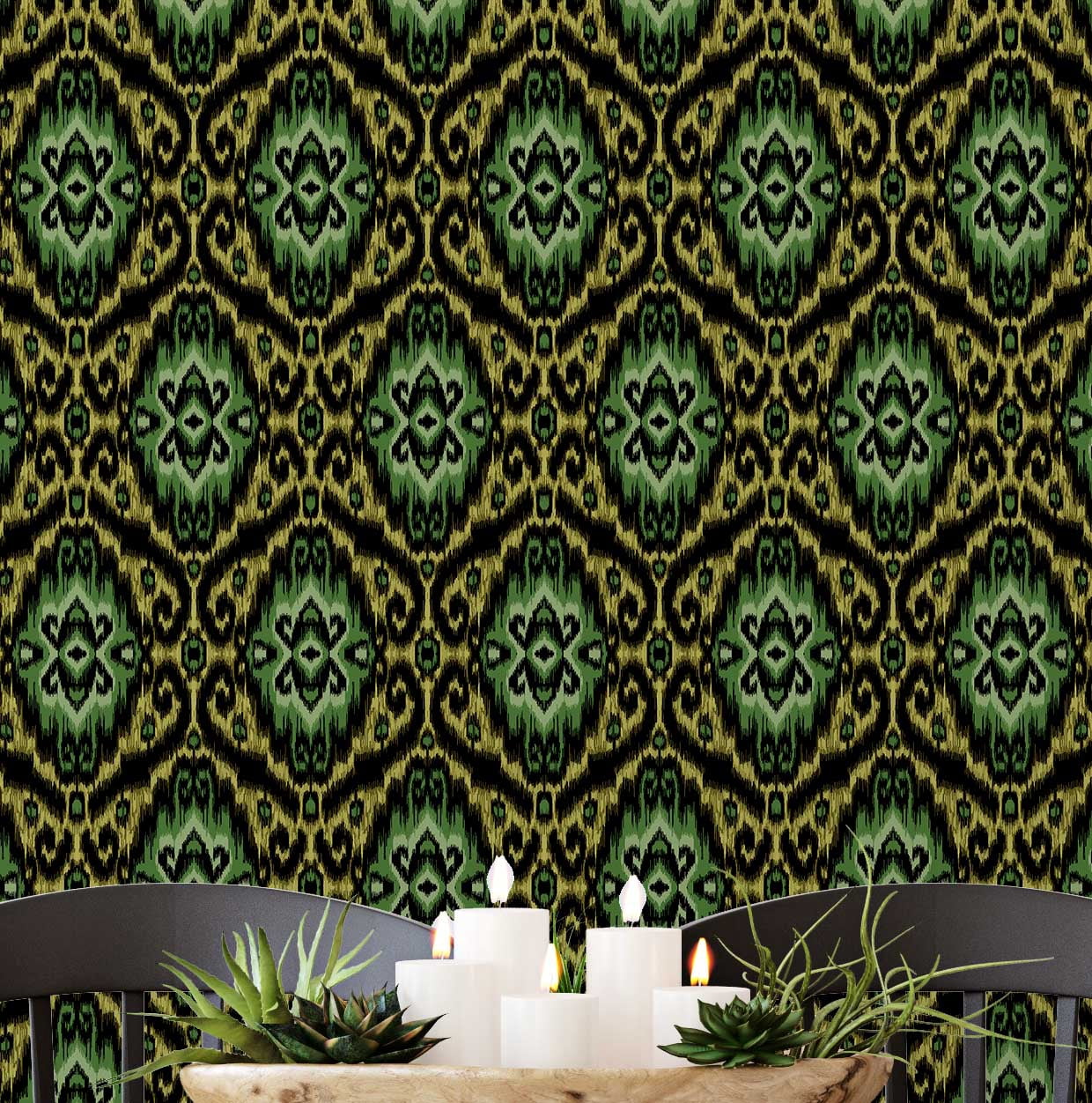 Image showcasing S4Sassy Ikat Geometric Wallpaper - Green Wall Covering, 25