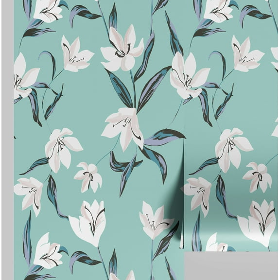 S4Sassy Lily Flower Wallpaper - Turquoise Wall Covering, 25" x 120" Self-Adhesive Vinyl Wall Paper, Decorative Walls Wrap, Easy DIY Walls Covering For Bedroom, Living Room, Living Space