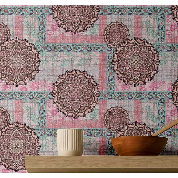 S4Sassy Mandala Tile Grid Wallpaper- Pink Bohemian Wall Covering, 25" x 360" Self-Adhesive Textured Vinyl Walls Paper, Decorative Wall Wrap, Easy DIY Walls Covering For Bedroom, Living Spaces