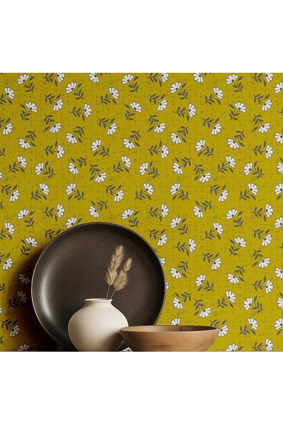 Mini Floral Wallpaper- Asian Style Wall Covering, 25" X 60" Self-Adhesive Plain Vinyl Wallpaper, Decorative Wallwrap, Easy Diy Wall Covering For Bedroom, Living Room, Living Spaces- Yellow