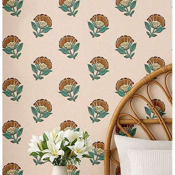 S4Sassy Modern Block Floral Wallpaper- Orange Bohemian Wall Covering, 25"X 60" Self-Adhesive Textured Vinyl Walls Paper, Decorative Wallwrap, Easy Diy Walls Covering For Bedroom, Living Space