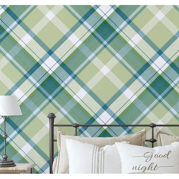 S4Sassy Modern Checkered Plaid Print Wallpaper - Green Wall Covering, 25" X 240" Self-Adhesive Vinyl Walls Paper, Decorative Wall Wrap, Easy Diy Walls Covering For Bedroom, Cabinets, Living Spaces