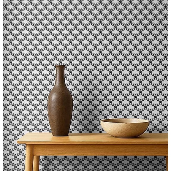 S4Sassy Modern Geometric Quatrefoil Wallpaper - Black Wall Covering, 25" x 240" Self-Adhesive Vinyl Walls Paper, Decorative Walls Wrap, Easy DIY Wall Covering For Bedroom, Cabinets