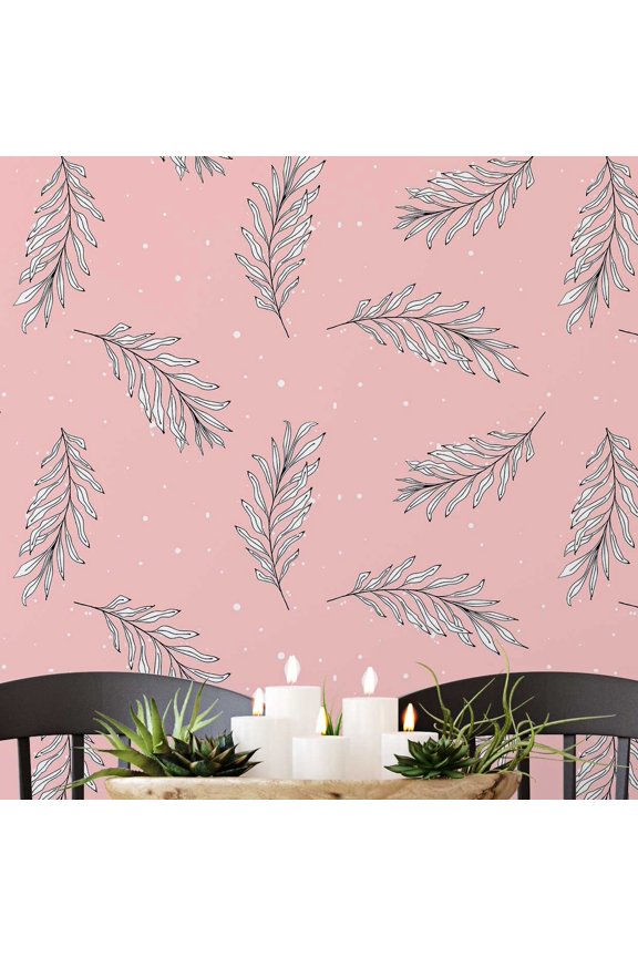 Modern Hand-Drawn Leaf Wallpaper - Pink Bohemian Wall Covering, 25" X 60" Self-Adhesive Vinyl Walls Paper, Decorative Wallwrap, Easy Diy Walls Covering For Bedroom, Cabinets, Living Spaces
