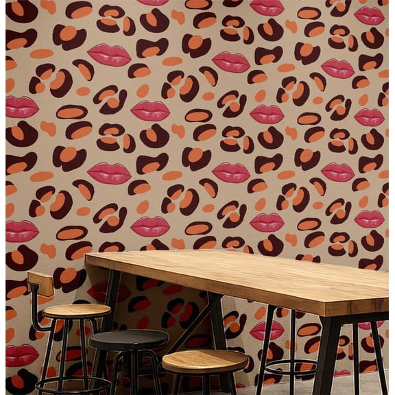 S4Sassy Modern Lips & Leopard Wallpaper - Beige Wall Covering, 25" X 240" Self-Adhesive Plain Vinyl Wallpaper, Decorative Wallwrap, Easy Diy Wall Covering For Bedroom, Cabinets, Living Spaces