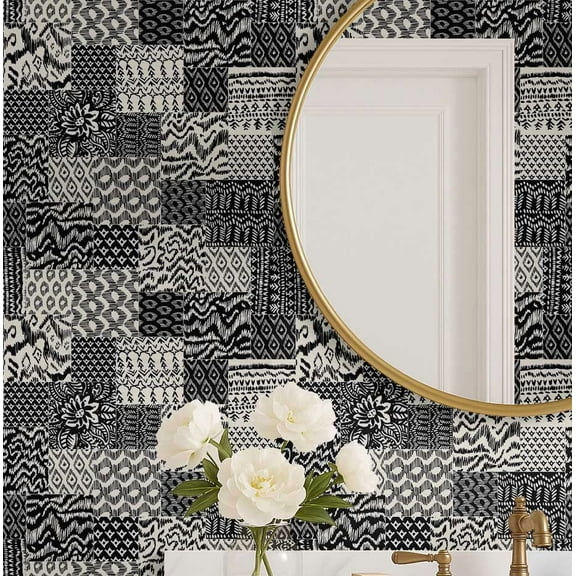 S4Sassy Modern Patchwork Ikat Wallpaper - Black Wall Covering, 25" x 120" Self-Adhesive Textured Vinyl Wall Paper, Decorative Wallwrap, Easy DIY Walls Covering For Bedroom, Cabinets, Living Spaces