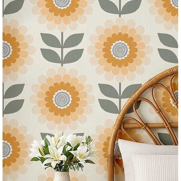S4Sassy Modern Retro Daisy Wallpaper- Orange Bohemian Wall Covering, 25" X 60" Self-Adhesive Textured Vinyl Walls Paper, Decorative Wallwrap, Diy Walls Covering For Bedroom, Cabinet, Living Space