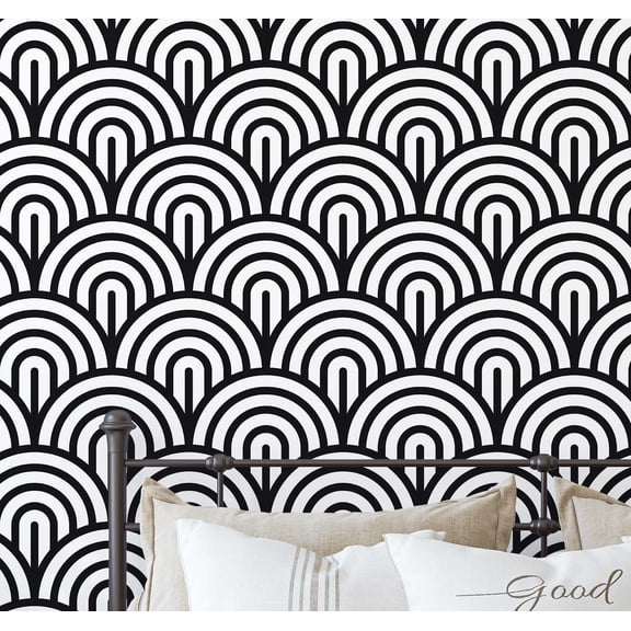 S4Sassy Modern Semi-Circle Geometric Wallpaper- Black Wall Covering,25" x 360" Self-Adhesive Vinyl Wallpaper, Decorative Walls Wrap, Easy DIY Wall Covering For Bedroom, Cabinets, Living Space