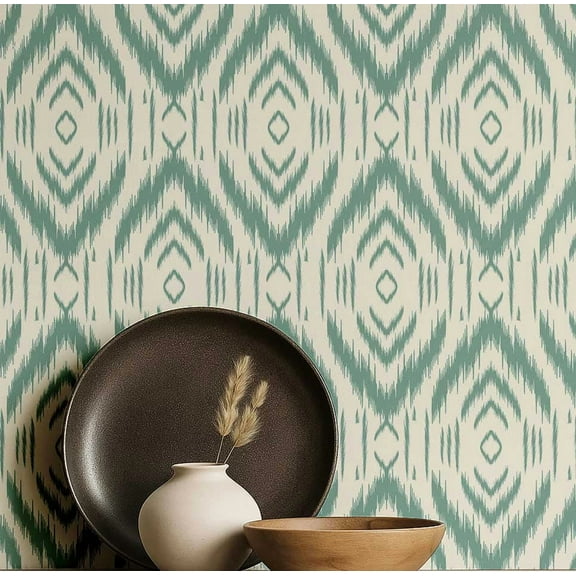 S4Sassy Modern Tribal Ikat Wallpaper - Green Wall Covering, 25" x 60" Self-Adhesive Textured Vinyl Wall Paper, Decorative Wallwrap, Easy DIY Walls Covering For Bedroom, Cabinets, Living Spaces