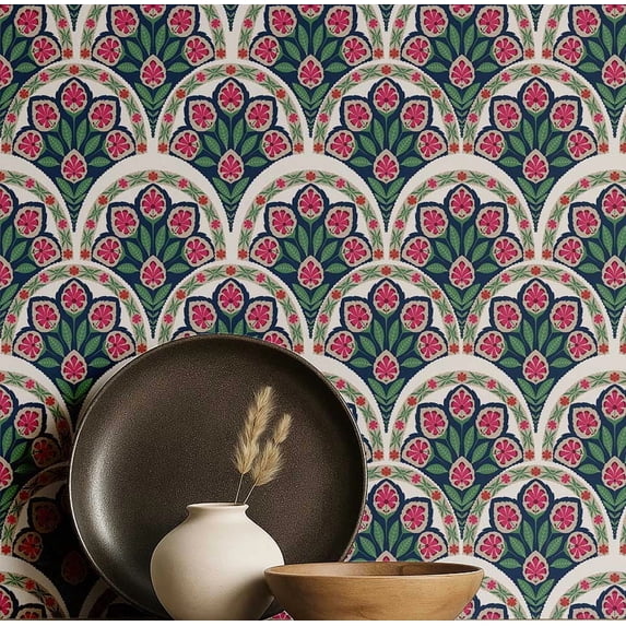 S4Sassy Modern Vintage Floral Arch Wallpaper - Green Wall Covering, 25" x 120" Self-Adhesive Textured Vinyl Walls Paper, Decorative Walls Wrap, Easy DIY Wall Covering For Bedroom, Cabinets