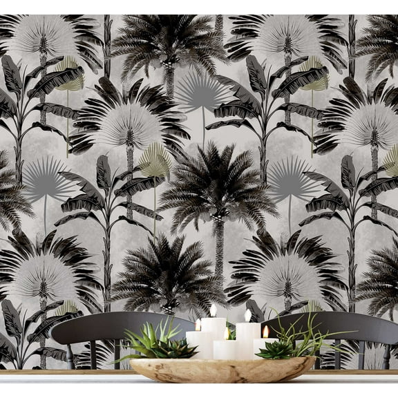 S4Sassy Monochrome Jungle Wallpaper Grey Palm Wall Covering, 25" x 360" Self-Adhesive Vinyl Wallpaper, Decorative Wall Wrap, Easy DIY Decor For Bedroom, Living Room, Cabinets, Living Spaces
