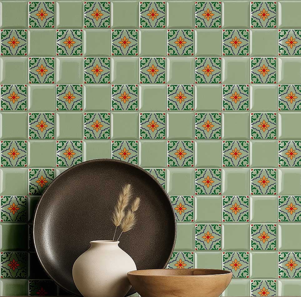 S4Sassy Mosaic Tile Wallpaper - Green Wall Covering, 25" X 60" Self-Adhesive Textured Vinyl Wall Paper, Walls Wrap, Botanical Removable Wallpaper For Bedroom, Nursery, Study