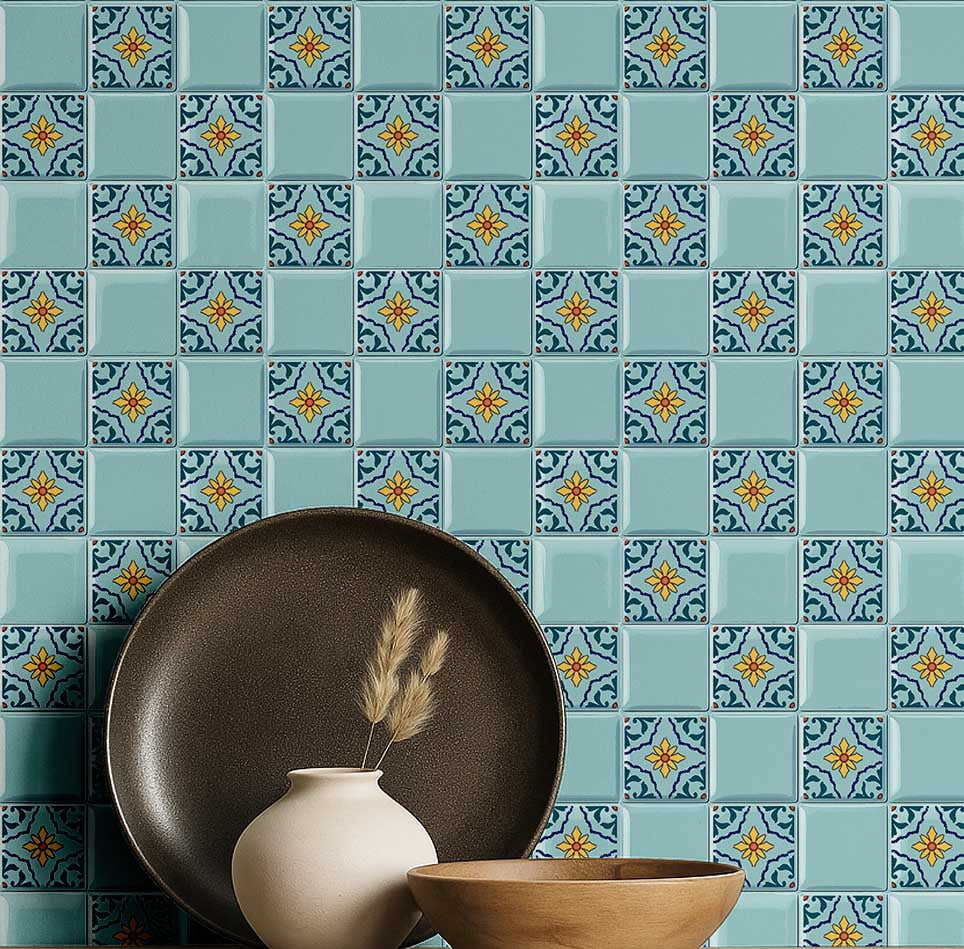 S4Sassy Mosaic Tile Wallpaper - Turquoise Wall Covering, 25" X 240" Self-Adhesive Plain Vinyl Wall Paper, Walls Wrap, Botanical Removable Wallpaper For Bedroom, Nursery, Study
