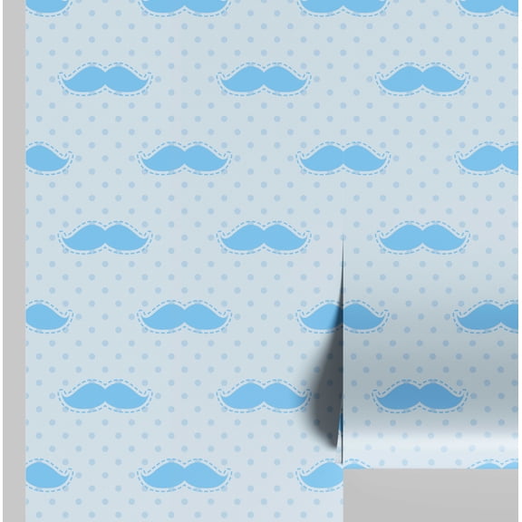 S4Sassy Mustache Print Wallpaper Blue Walls Covering, 25" x 120" Self-Adhesive Vinyl Wallpaper, Walls Wrap, Easy DIY Wall Covering For Kids Bedroom, Kids Room Wall Decor, Playroom