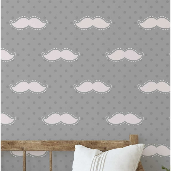 S4Sassy Mustache Print Wallpaper Grey Walls Covering, 25" x 120" Self-Adhesive Vinyl Wallpaper, Walls Wrap, Easy DIY Wall Covering For Kids Bedroom, Kids Room Wall Decor, Playroom
