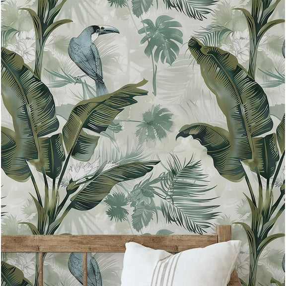 S4Sassy Nature-Inspired Waterproof Wall Wrap, Plain Finish Wallcover, Tropical Toucan & Banana Leaf Contact Paper For Walls, Dresser, Self Adhesive Vinyl Wallpaper Roll- Green(25"X60")