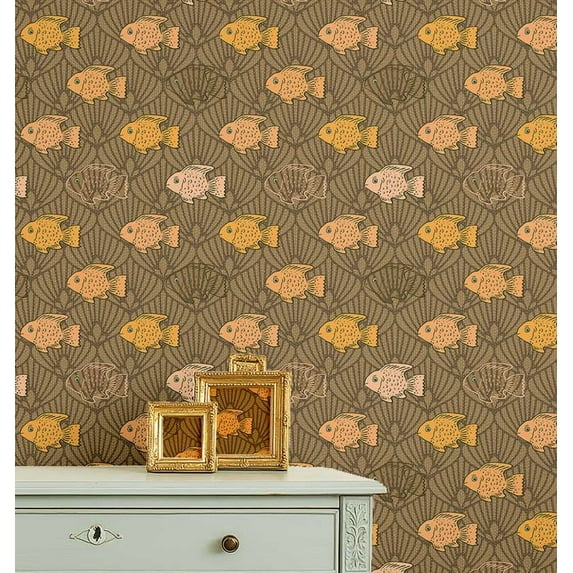 S4Sassy Ocean Fish Print Wallpaper- Brown Wall Covering,25" x 60" Self-Adhesive Textured Vinyl Wall Paper, Wallwrap, DIY Walls Covering for Kids Bedroom, Kid's room wall decor, Playroom wallpaper