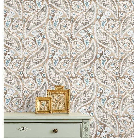S4Sassy Paisley Floral Block Print Wallpaper - Beige Wall Covering, 25" x 60" Self-Adhesive Textured Vinyl Wallpaper, Walls Wrap, Easy DIY Wall Covering For Farmhouse Bedroom, Cabinets, Living Spaces