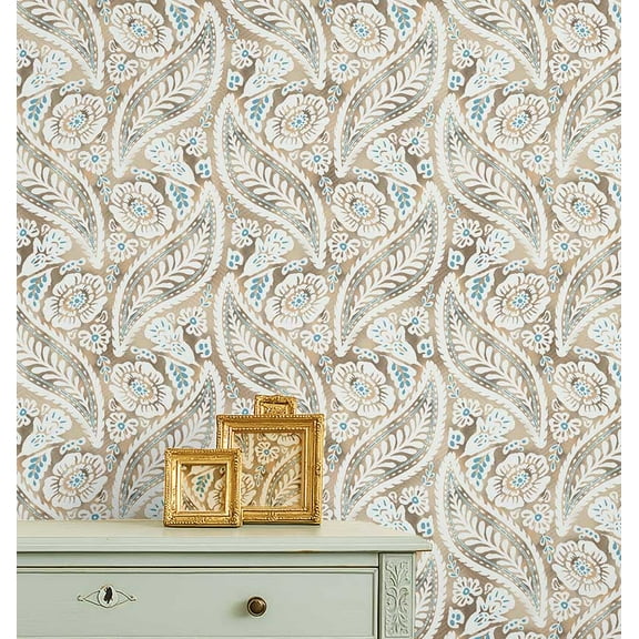 S4Sassy Paisley Floral Block Print Wallpaper - Beige Wall Covering, 25" x 60" Self-Adhesive Vinyl Wallpaper, Walls Wrap, Easy DIY Wall Covering For Farmhouse Bedroom, Cabinets, Living Spaces