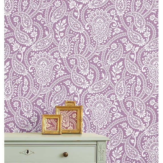 S4Sassy Paisley Floral Print Wallpaper - Asian Style Wall Covering, 25" x 120" Self-Adhesive Vinyl Wallpaper, Decorative Walls Wrap, Easy DIY Wall Covering For Bedroom, Living Spaces - Pink