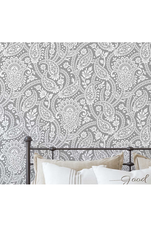 Paisley Floral Print Wallpaper - Asian Style Wall Covering, 25" x 60" Self-Adhesive Vinyl Wallpaper, Decorative Walls Wrap, Easy DIY Wall Covering For Bedroom, Living Spaces - Grey