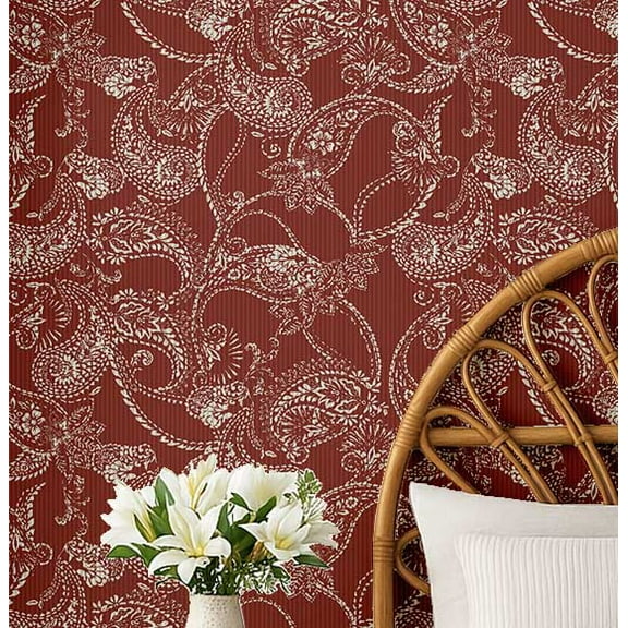 S4Sassy Paisley Floral Wallpaper - Asian Style Wall Covering, 25" X 60" Self-Adhesive Vinyl Walls Paper, Decorative Wallwrap, Easy Diy Walls Covering For Bedroom, Living Room, Living Spaces - Red